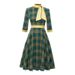 Autumn/Winter Grid-Print High-Collared Green Dress With Seven-Quarter Sleeves, Ribbon-Strapped And Butterfly-Button Deta_ecoleips.com