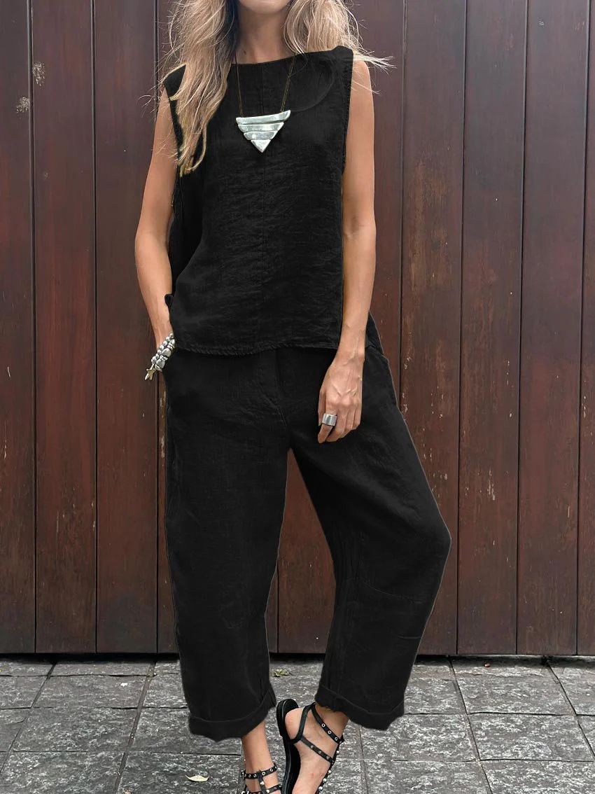 Spring And Summer New Cotton And Linen Fashion Casual Loose Two-Piece Set, Sleeveless Top, Loose Trousers For Women_ecoleips.com