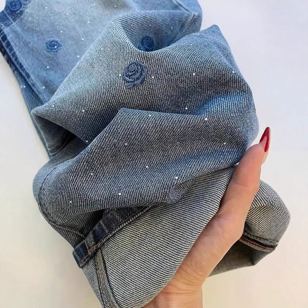 American Retro Blue Rose Embroidery Hot Diamond Denim 2025 New High Waist Heavy Industry Washed Thin Straight Pants_ecoleips.com