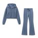 Vintage-Inspired Women's Two-Tone Crop Hoodie & Flared Pants Set – Stylish Polyester Lounge Outfit For Casual & Office Wear (Blue/Black/Beige, S/M/L)_ecoleips.com