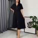 Elegant V-Neck A-Line Midi Dress With Side Slit & Elastic Waist For Women, Chic Solid Color Casual & Office Wear_ecoleips.com