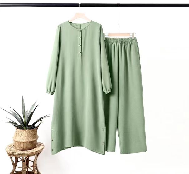 New Muslim Women's Round Neck Placket Puff Sleeve Shirt Side Seam Decorative Wooden Button Fashion Casual Set_ecoleips.com