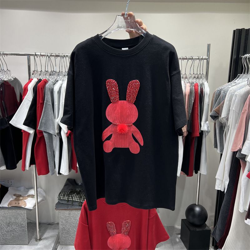 Women's Thickened Brushed Fleece Rabbit Zodiac T-Shirt New Year Mid-Length Loose Fit Short-Sleeved Trendy Top_ecoleips.com