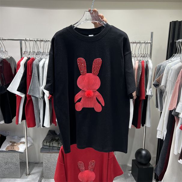 Women's Thickened Brushed Fleece Rabbit Zodiac T-Shirt New Year Mid-Length Loose Fit Short-Sleeved Trendy Top_ecoleips.com
