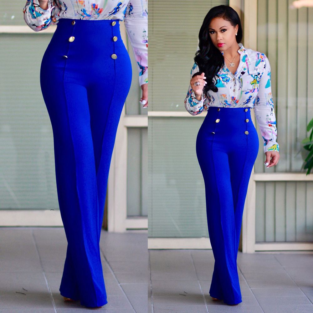 Women's Clothing Slim High Waist Personality Double Breasted Flared Trousers_ecoleips.com