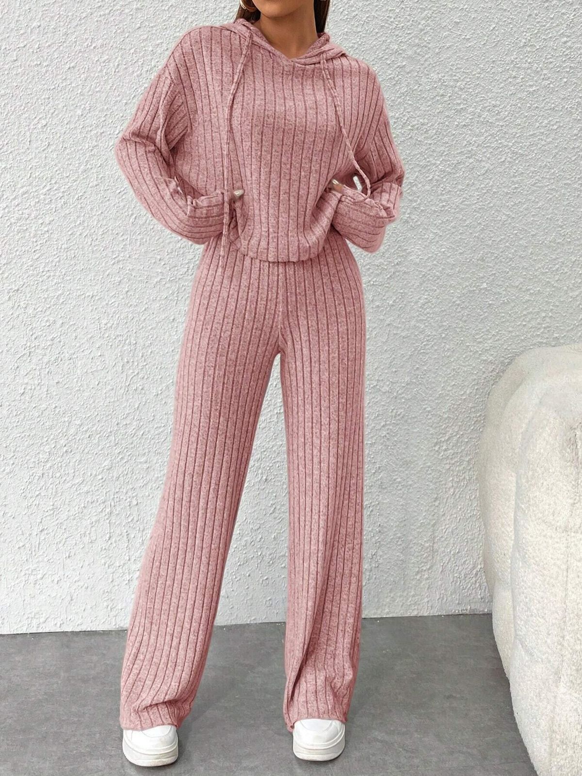 Cozy Long Hooded Knit Sweatshirt & Pants Set - Elegant Loungewear For Women, Oversized Fit, Soft Fleece Lining, Stylish Casual Outfit_ecoleips.com