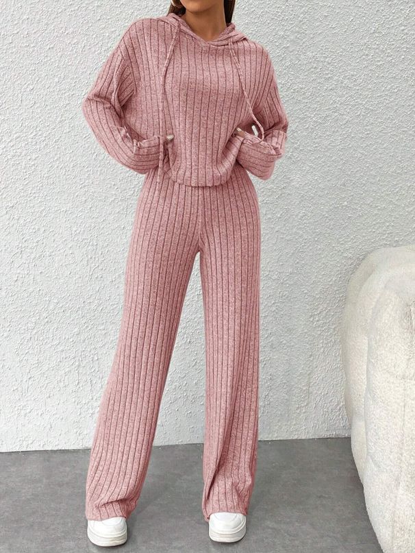 Cozy Long Hooded Knit Sweatshirt & Pants Set - Elegant Loungewear For Women, Oversized Fit, Soft Fleece Lining, Stylish Casual Outfit_ecoleips.com