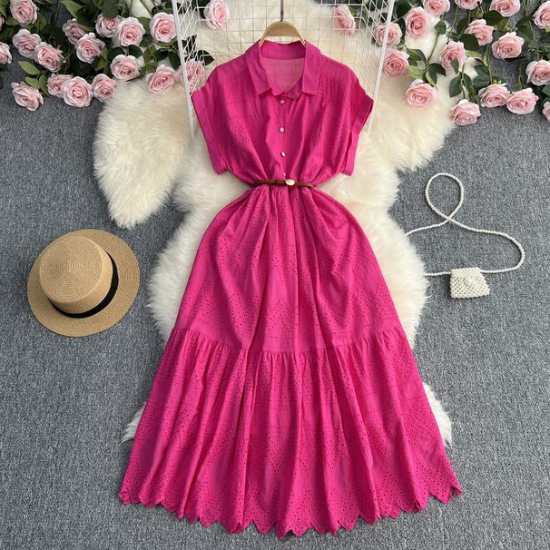 Women's Clothing Heavy Hollow Embroidery Waist Slimming Button Down Mid Length Dress Short Sleeves Lapel_ecoleips.com