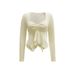 Voya French-style Square-neck Bow-tie Long-sleeve Ruffle Hem Spring-summer Slim-fit Waist-cinching Top For Women_ecoleips.com