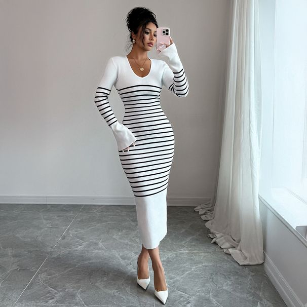 Women's Clothing Elegant Striped Midi Dress High Waist Slim Fit Long Sleeve Work Dress Wrinkle-Free Polyester(White/Navy/Black/Khaki/Beige, S-XL_ecoleips.com
