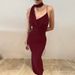 Elegant V-Neck Backless Dress – Slim Fit Winter Dress With Scarf For Women (Black/Burgundy/Dark Blue)_ecoleips.com