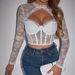Hot Girl Sexy Floral Lace Hollow Round Neck Long Sleeve Underwire Fishbone See-Through Slim-Fit Top A1299_ecoleips.com