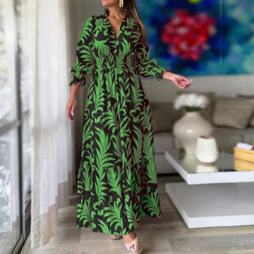 Women's Bohemian Ethnic Style Printed Dress Long Sleeved V Neck Commuter Dress Clothing_ecoleips.com