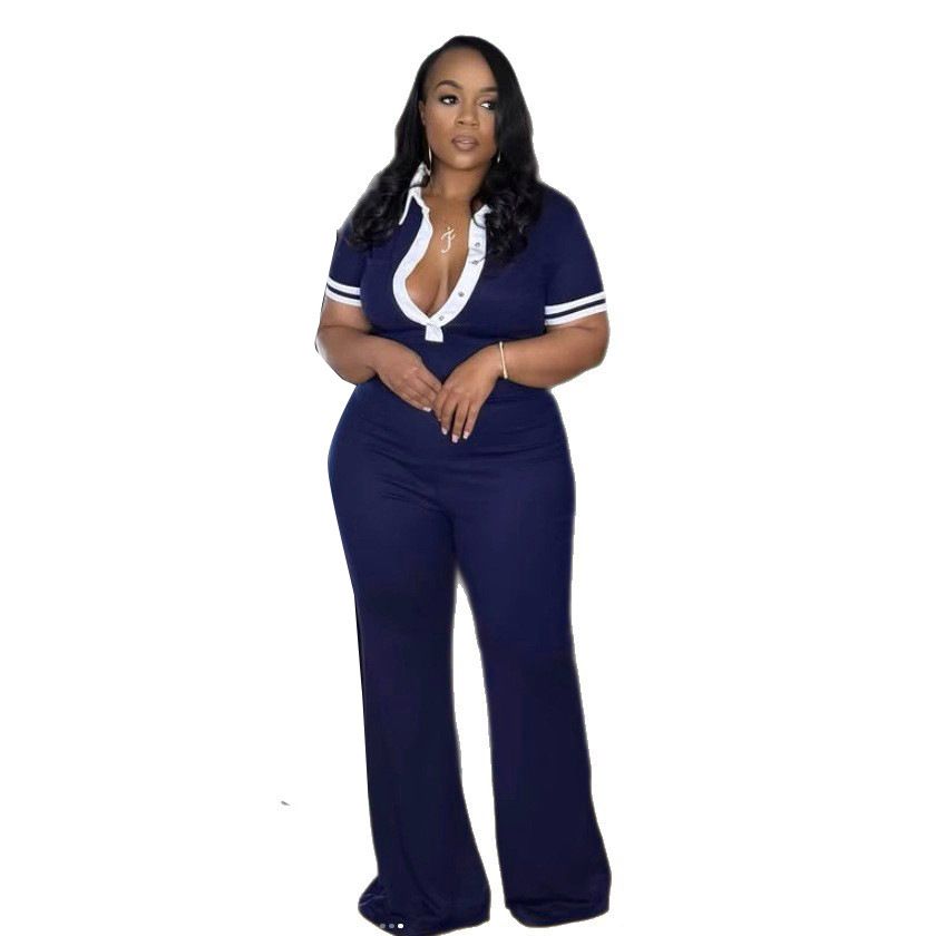 Women's Clothing Elegant Slim Fit Elastic Contrast Color Lapel Flared Jumpsuit_ecoleips.com