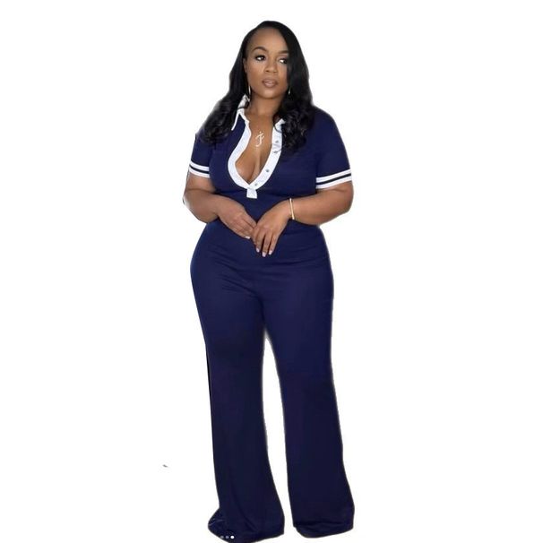 Women's Clothing Elegant Slim Fit Elastic Contrast Color Lapel Flared Jumpsuit_ecoleips.com