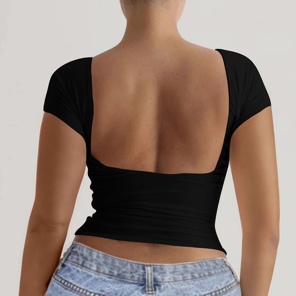 KaiKuo 2025 Spring/Summer Solid Color Round Neck Backless Short Sleeve Sexy Slim Fit Y2K Top T-Shirt_ecoleips.com