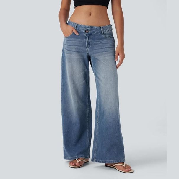Trendy High-Waisted Zip-Fly Jeans For Women - Stretch Denim With Diagonal Button Detail (Dark Blue/Light Blue/Black/Navy, XS-XL)_ecoleips.com