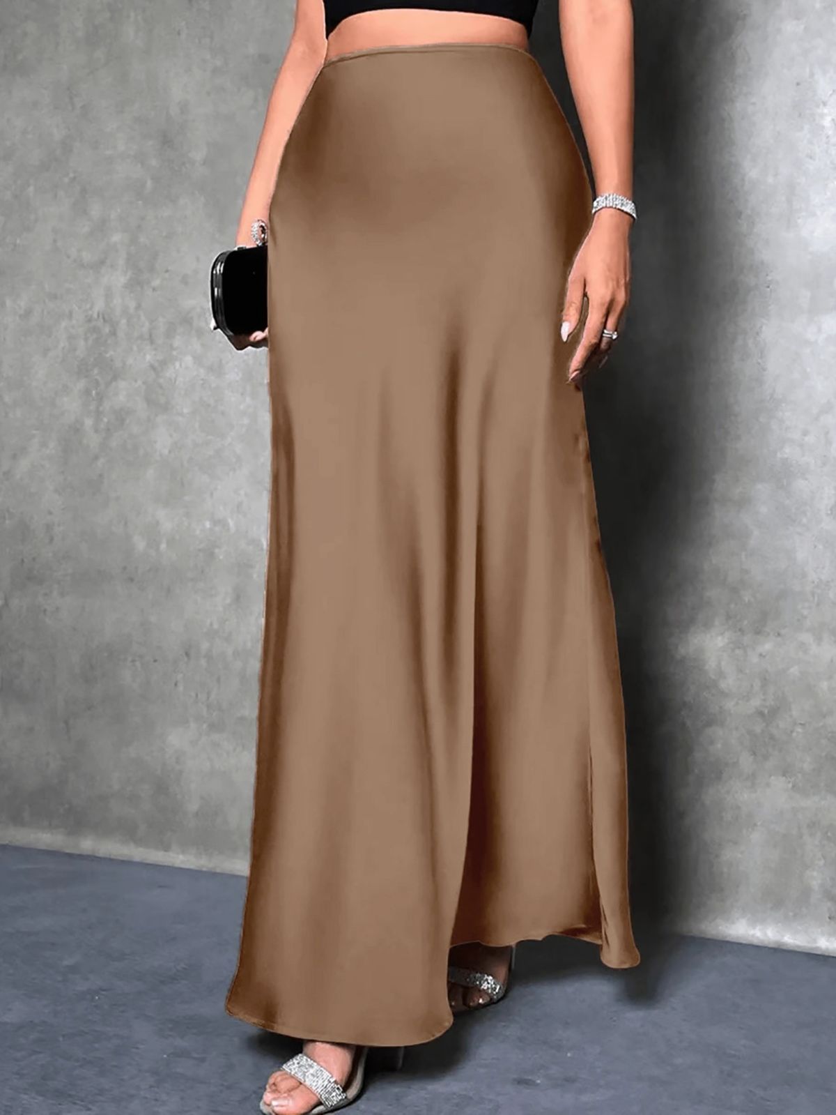 Elegant High-Waisted Satin Skirt for plus Size Women Solid Color European American Style Cross-Border Trade Fashion_ecoleips.com