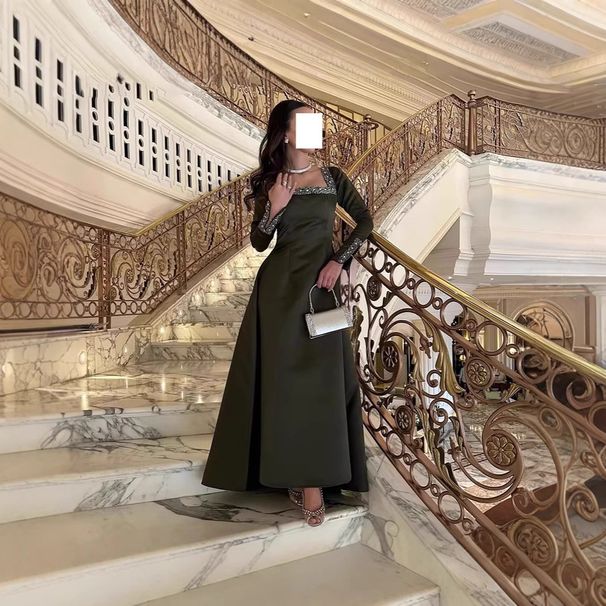 Modest Abaya Dress Elegant V-Neck Long Sleeve Party Dress – Glamorous A-Line Evening Gown With Rhinestone Detail (XS-XXL, Army Green)_ecoleips.com