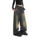 American Retro Washed Vintage Straight-Leg Jeans For Women, Autumn Design, Loose Fit, Draped Wide-Leg Floor-Length_ecoleips.com