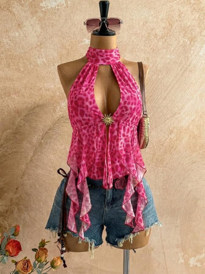 Women's Clothing Women's Sexy Leopard Print Scarf Backless Bow Suspender Top With Flowing Hem Style Vacation Clothing_ecoleips.com