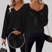 Elegant V-Neck Solid Color Sweater For Women | Loose Fit Long Sleeve Blouse With Bow Detail | Autumn Casual Top_ecoleips.com