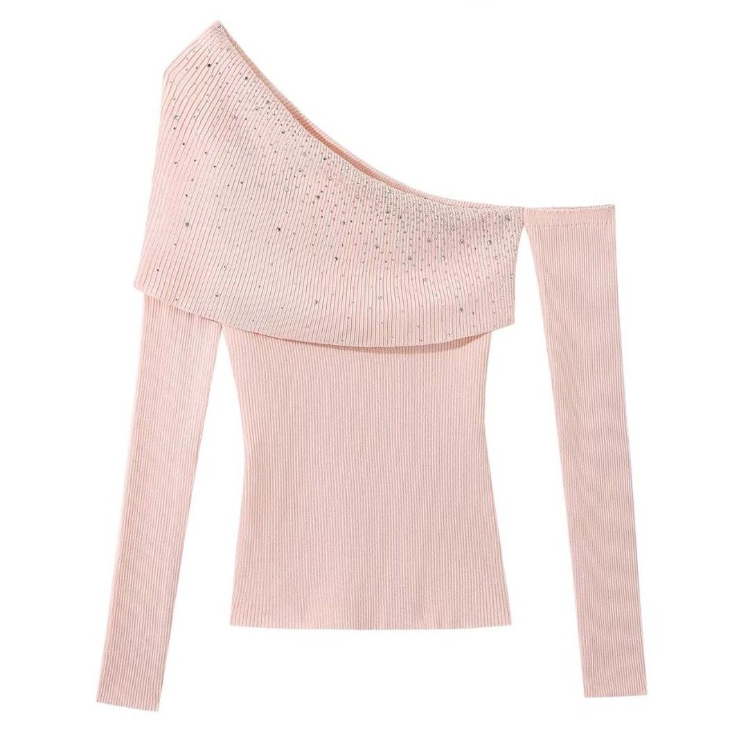 Women's Rhinestone Embellished Off-Shoulder Knit Top - Ice Silk Glitter Sweater For Date Night And Evening Wear_ecoleips.com