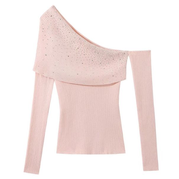 Women's Rhinestone Embellished Off-Shoulder Knit Top - Ice Silk Glitter Sweater For Date Night And Evening Wear_ecoleips.com