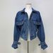 Korean Chic Oversized Denim Jacket – Cropped, Puff Sleeve, Multi-Pocket, Lapel Collar (One Size, Dark/Light Blue/Pink, 90s Retro Streetwear)_ecoleips.com