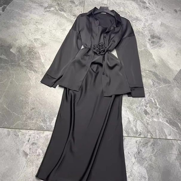 Women's Clothing Fashion Casual Suit Satin Flower Decoration Strap Shirt Suspender Skirt Two Piece Suit_ecoleips.com