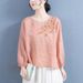 Embroidered Crew Neck Long-Sleeve T-Shirt For Women, Commuter Vintage Artistic Loose Solid Color Pullover Embroidered Ba_ecoleips.com