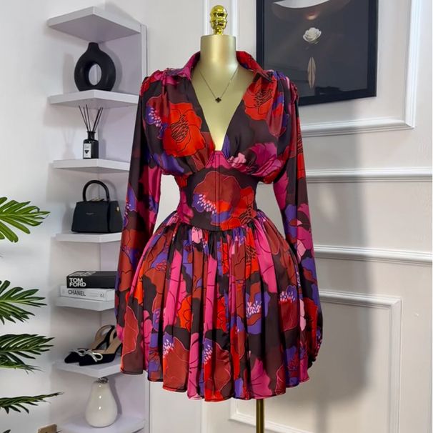 Women’s Clothing Spring New Style Elegant Printed V Neck Backless High Waist Dress Short Skirt_ecoleips.com