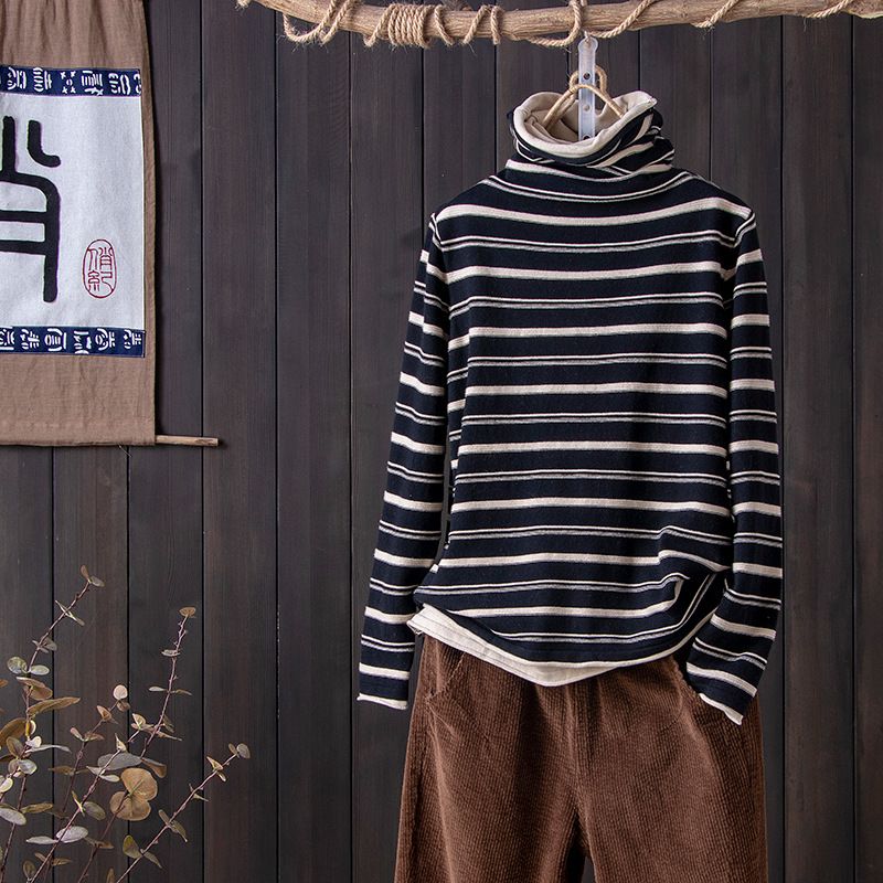Striped High-Neck Women's T-Shirt For Autumn/Winter Stylish, Fitted Design That Flatters The Figure; Features A Puffed_ecoleips.com
