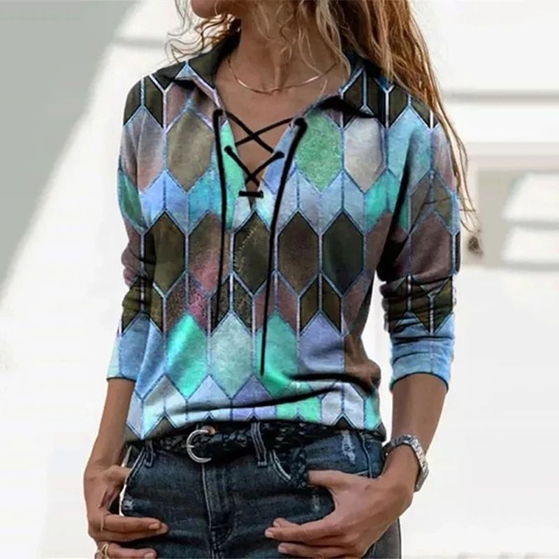 Women's Autumn T-Shirt Contrast Print Long Sleeve Lace-Up V-Neck Base Shirt Top For Women_ecoleips.com