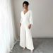 Women's Clothing Elegant V Neck Long Sleeve Jumpsuit Waist Cinching Pleated Commuter Style Fashionable Solid Color Jumpsuit_ecoleips.com