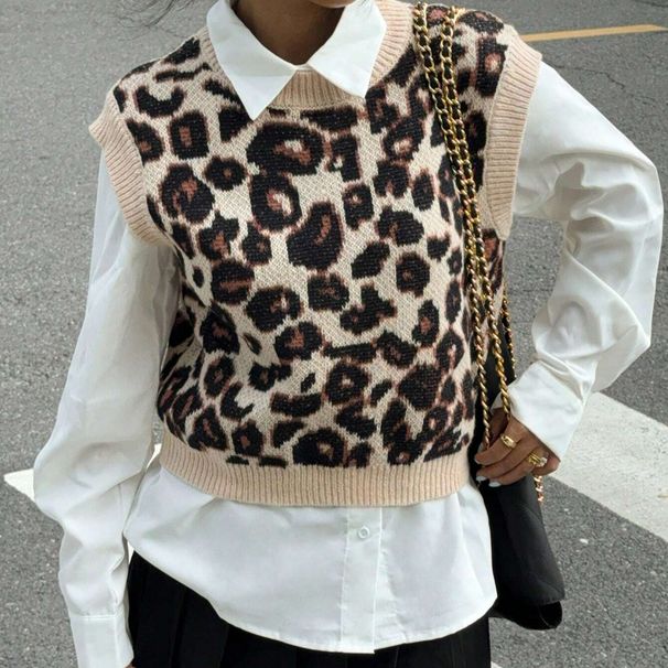 Women's Clothing Fashionable Leopard Print Sleeveless Knit Sweater Vest For Women - Loose Fit, Casual Chic, Autumn Winter Wardrobe Essential_ecoleips.com
