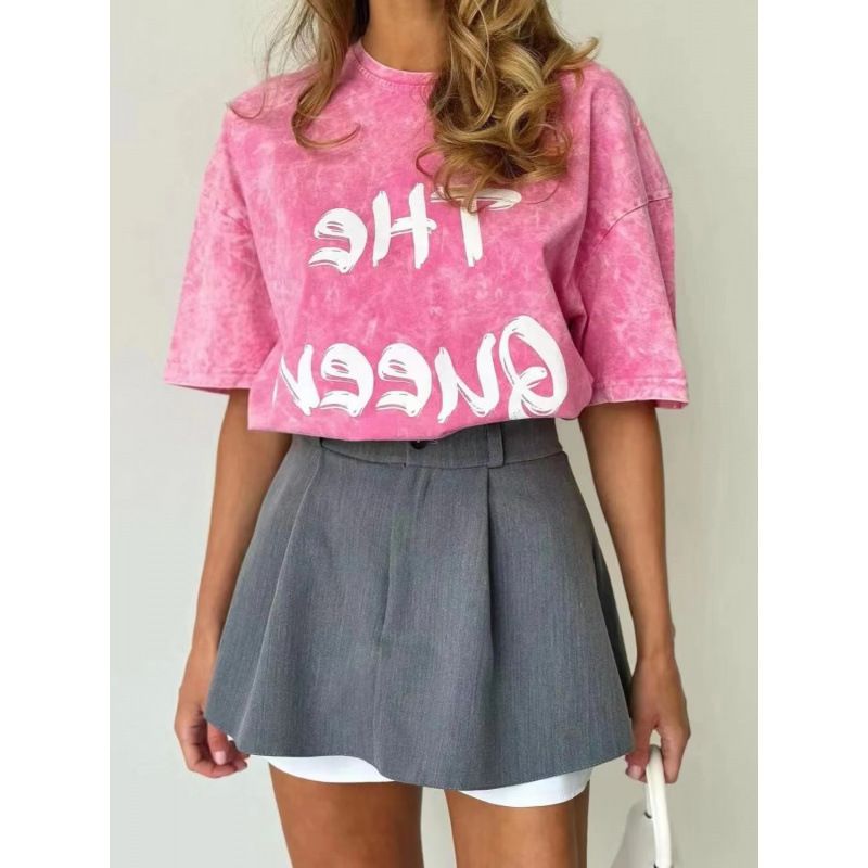 American Retro Short Sleeve T-Shirt For Women Summer Oversize Vintage Letter Print Washed 100% Cotton Top_ecoleips.com