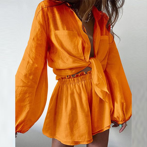 2023 Summer European And American Cross-Border New Women's Fashion Casual Solid Color Ruffle Shorts Long Sleeve Set_ecoleips.com