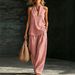 Women's Clothing Halter Neck Sleeveless Striped Pant Set Casual V Neck Fashion For Spring/Summer Thin Polyester Suit_ecoleips.com