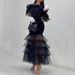 cross Border New Style Hip Covering Mid Waist Waist Black Artistic Mesh Sequin Temperament Commuter Long Skirt Dress_ecoleips.com