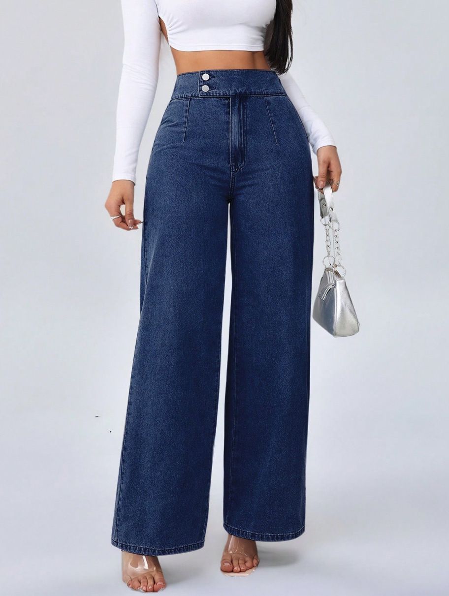 Women's High-Waisted Wide-Leg Jeans Retro Dark Blue Button Design Autumn Winter plus Size Casual Comfortable Fit_ecoleips.com