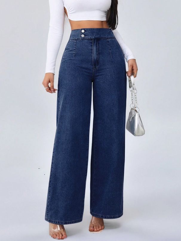 Women's High-Waisted Wide-Leg Jeans Retro Dark Blue Button Design Autumn Winter plus Size Casual Comfortable Fit_ecoleips.com