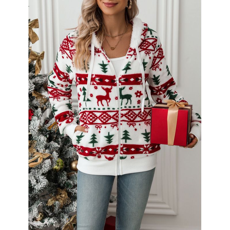Women's Long-Sleeved Cardigan For Autumn And Winter, Christmas Printed Plush Zipper Jacket_ecoleips.com