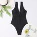 Trendy V-Neck One-Piece Swimsuit For Women - Sexy High-Waisted Slim Fit Bathing Suit, Comfortable Swimwear For Pool & Beach (Black/Blue, S/M/L)_ecoleips.com
