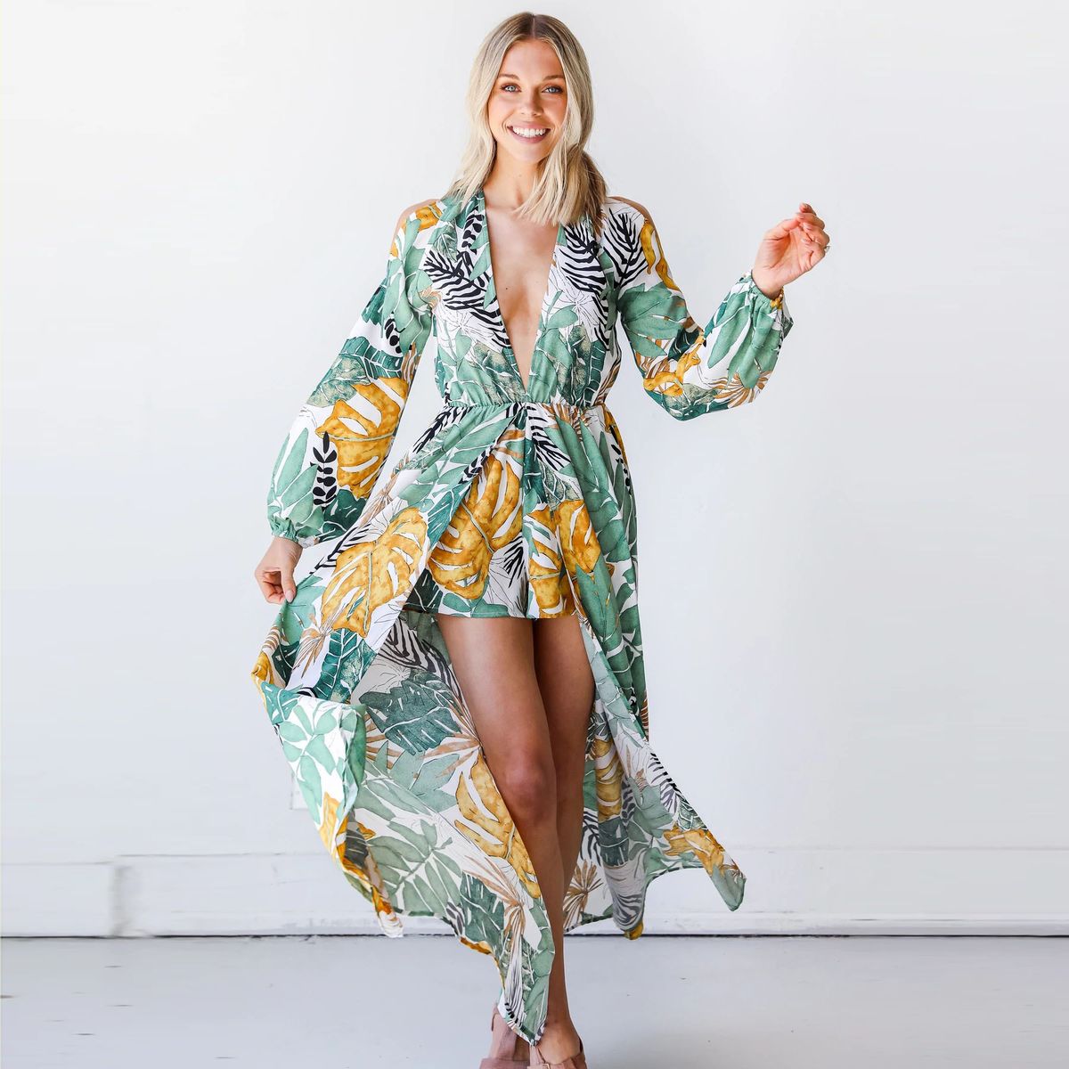 Women's Clothing New Long Sleeve V-Neck Sexy Printed Bohemian Beach Long Dress_ecoleips.com