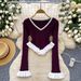 Women's Black White Ruffle Trim Knit Top - Long Sleeve V Neck Slim Fit Ribbed Sweater For Daily & Party_ecoleips.com