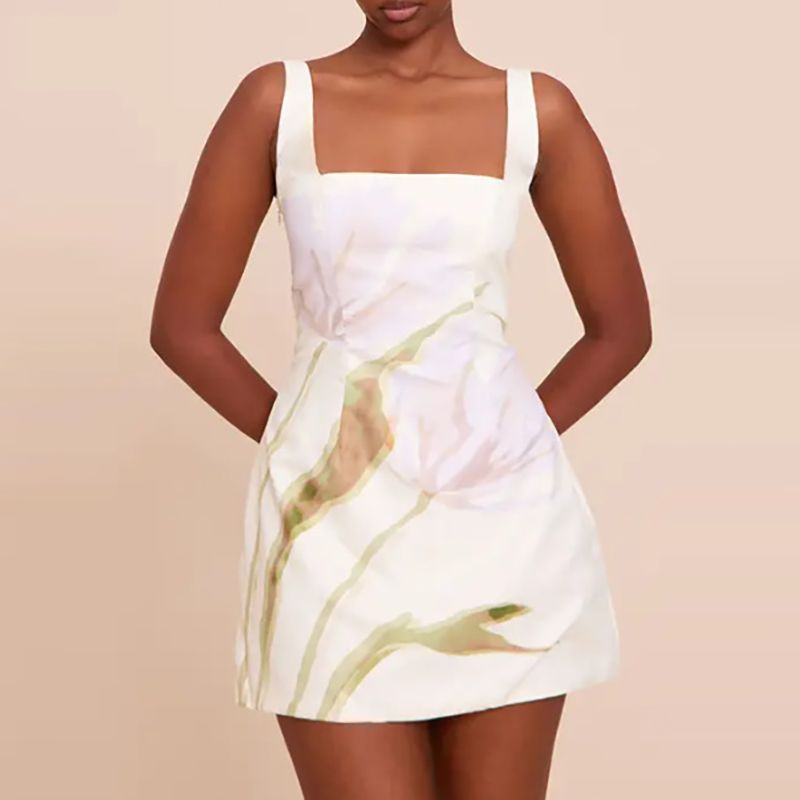 Ladies Square Neck Camisole Summer Mini Dress Fashion Print High Waist Slim Fit Beach Dress Casual Backless Hollow Short Dresses_ecoleips.com