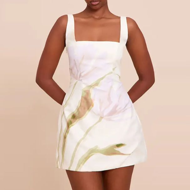Ladies Square Neck Camisole Summer Mini Dress Fashion Print High Waist Slim Fit Beach Dress Casual Backless Hollow Short Dresses_ecoleips.com