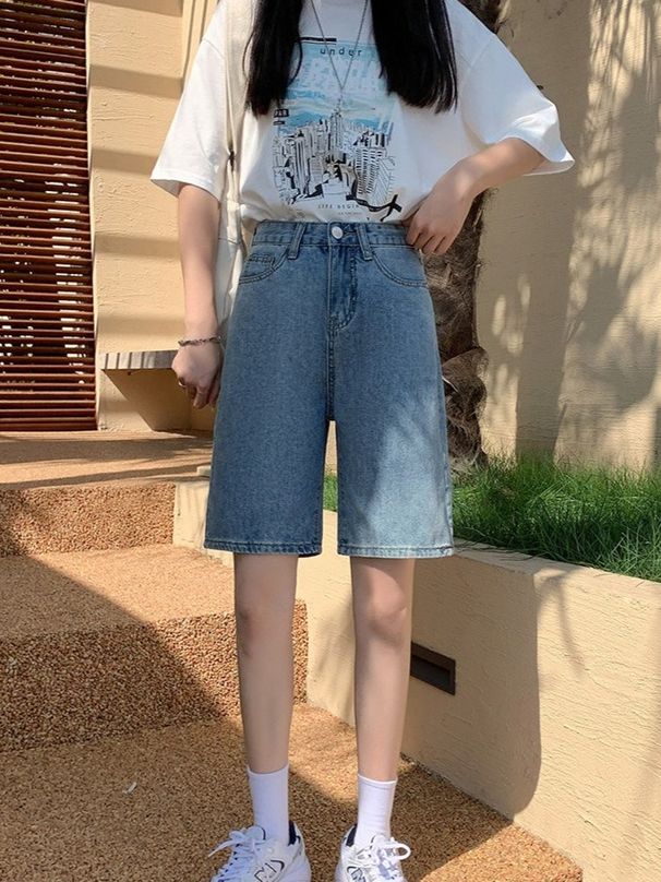 K Cowboy Retro Denim Shorts Women's New High Waisted Straight Leg Five Quarter Pants Loose Wide Leg Shorts_ecoleips.com