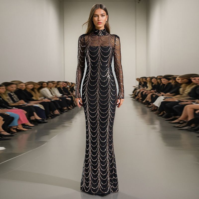 Women's Clothing sexy dress winter new style stand up collar long sleeve mesh gauze perspective design diamond mopping dress for women_ecoleips.com